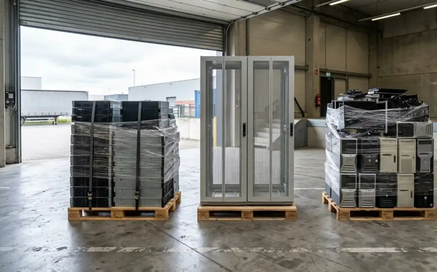 Server, Serverschrank und Desktop-Rechner auf Paletten zur Abholung bereitgestellt