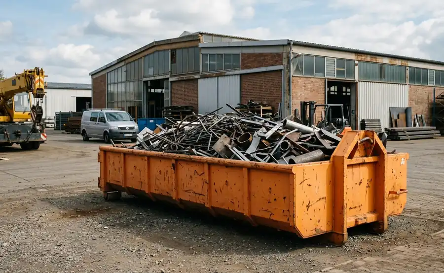 Abrollcontainer mit Metallschrott auf einem Betriebsgelände