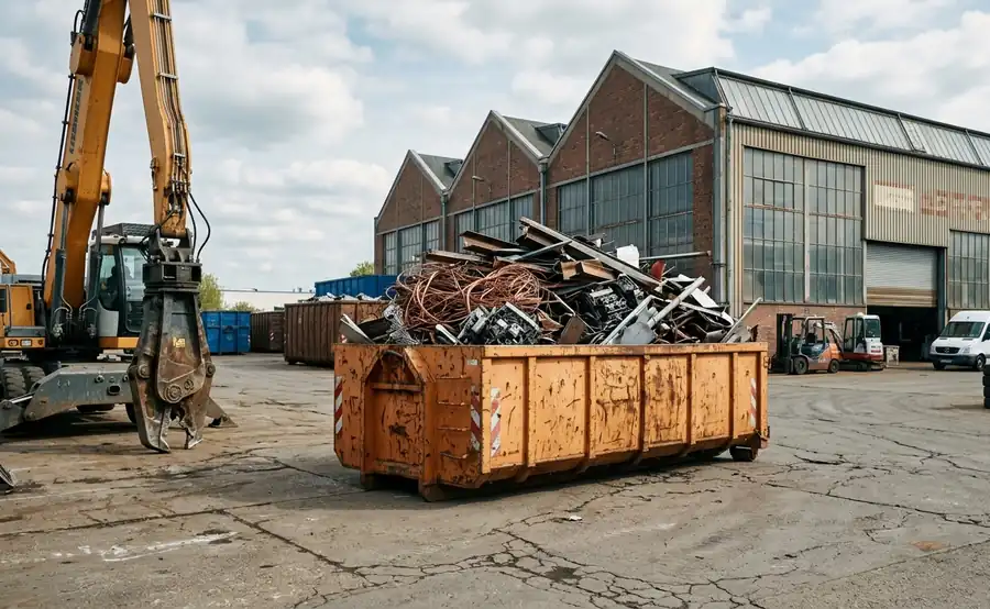 Container mit Metallschrott und Kupferkabeln auf einem Recyclinghof