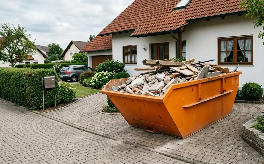 Absetzcontainer mit Bauschutt und Altholz in der Einfahrt eines Einfamilienhauses