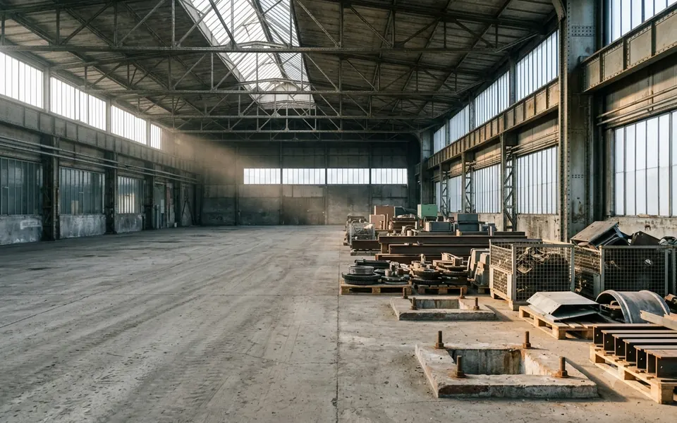 Entrümpelung und Rückbau: zur Hälfte geräumte Industriehalle mit demontierten Maschinenteilen