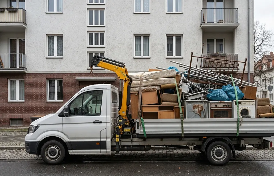 Kranwagen beladen mit Möbeln, Sperrgut und Metallschrott beim Abtransport einer Wohnungsräumung